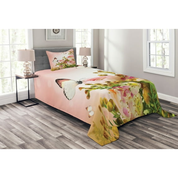 Ambesonne Butterfly Quilted Bedspread Set 2 Pcs, Blossoming Feminine Roses, Twin Size, Multicolor