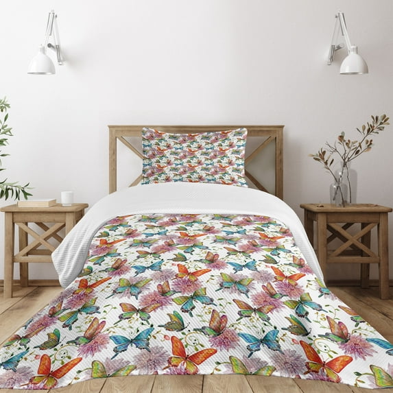 Ambesonne Butterfly Quilted Bedspread Set 2 Pcs, Carnations Vintage, Twin Size, Multicolor
