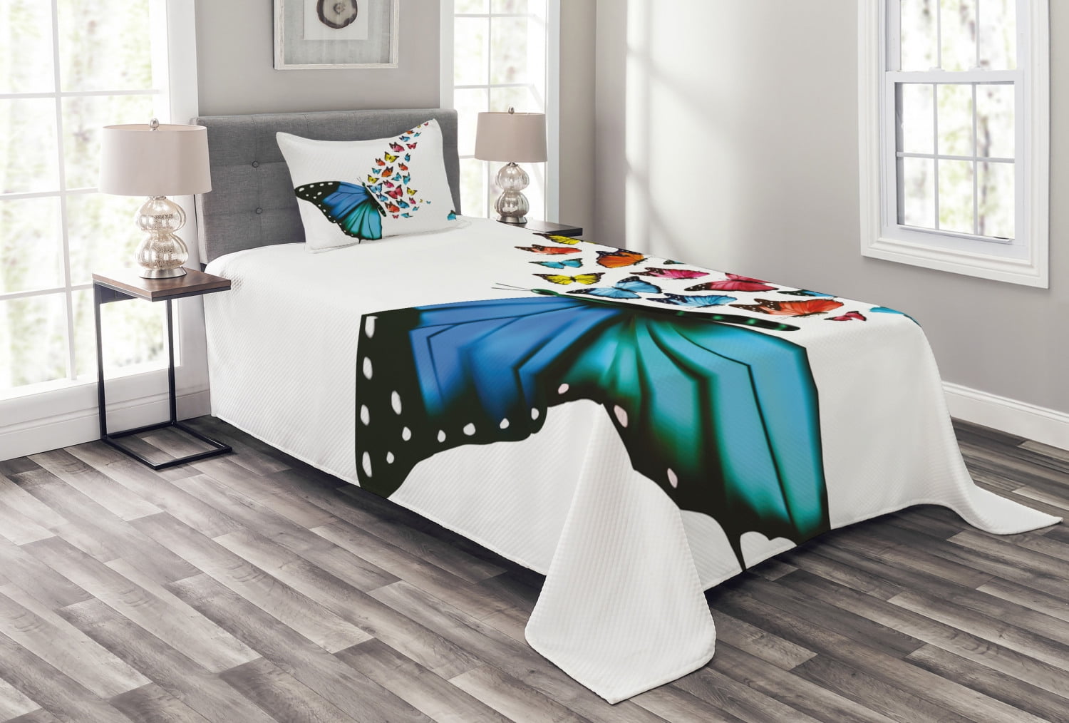White Twin Reversible Butterfly Polyester Bedspread Set