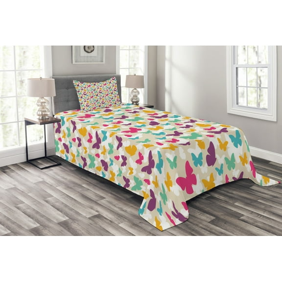 Ambesonne Butterfly Quilted Bedspread Set 2 Pcs, Fantasy Dreamy Spring, Twin Size, Multicolor