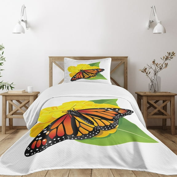 Ambesonne Butterfly Quilted Bedspread Set 2 Pcs, Moth Flower, Twin Size, Yellow Green Orange