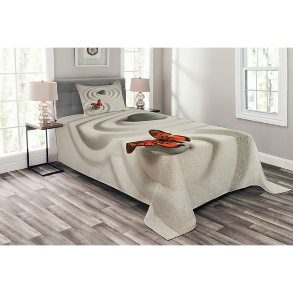 Ambesonne Butterfly Quilted Bedspread Set 2 Pcs, Rocks Serenity, Twin Size, Beige Orange