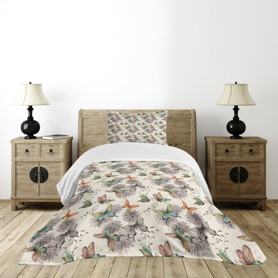 Ambesonne Butterfly Quilted Bedspread Set 2 Pcs, Soft Colored Animals, Twin Size, Multicolor