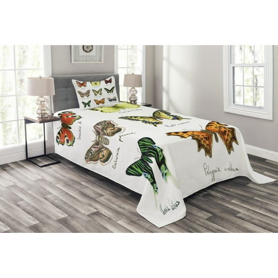 Ambesonne Butterfly Quilted Bedspread Set 2 Pcs, Spring Bugs Pattern, Twin Size, Multicolor