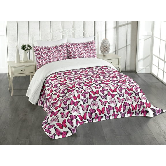 Ambesonne Butterfly Quilted Bedspread Set 2 Pcs, Vibrant Watercolor, Twin Size, Pink Magenta Black