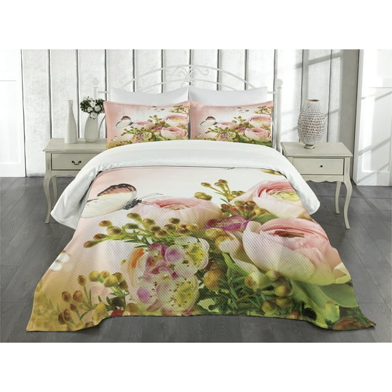 Ambesonne Butterfly Quilted Bedspread Set 3 Pcs, Blossoming Feminine Roses, Queen Size, Multicolor