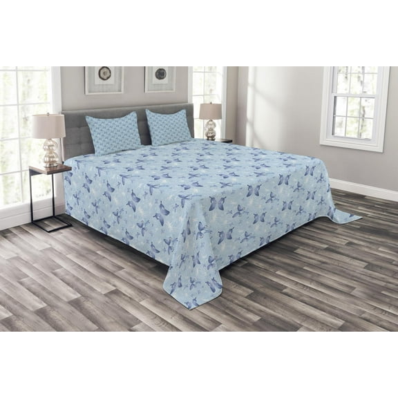 Ambesonne Butterfly Quilted Bedspread Set 3 Pcs, Blue Dragonflies, King Size, Blue Pale Blue White