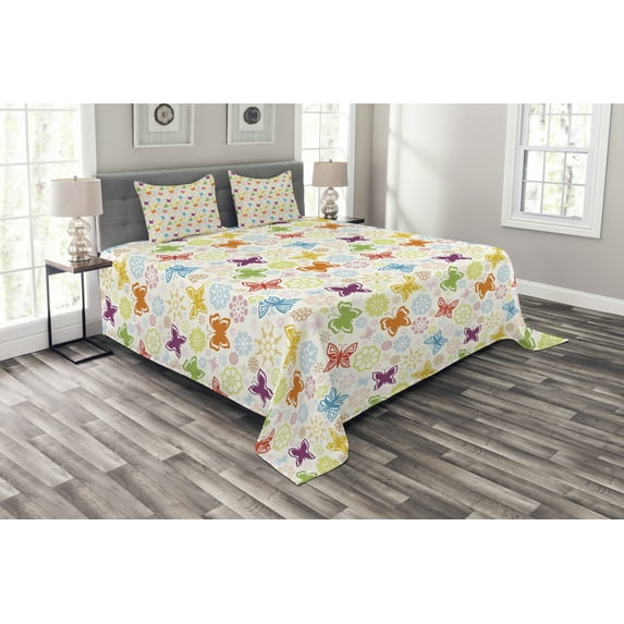 Ambesonne Butterfly Quilted Bedspread Set 3 Pcs, Cartoon Style Vivid, King Size, Multicolor