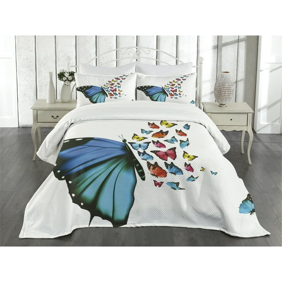 Ambesonne Butterfly Quilted Bedspread Set 3 Pcs, Concept Art Monarch, King Size, Multicolor