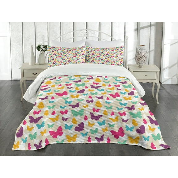 Ambesonne Butterfly Quilted Bedspread Set 3 Pcs, Fantasy Dreamy Spring, Queen Size, Multicolor