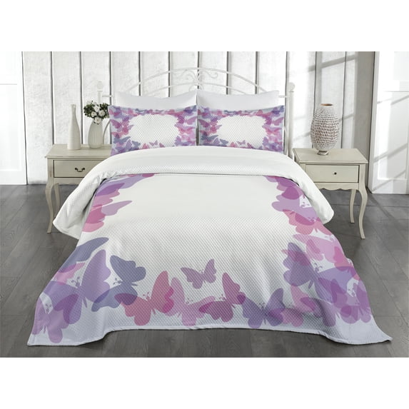 Ambesonne Butterfly Quilted Bedspread Set 3 Pcs, Fantasy Vibrant Color, Queen Size, Pink Purple Grey