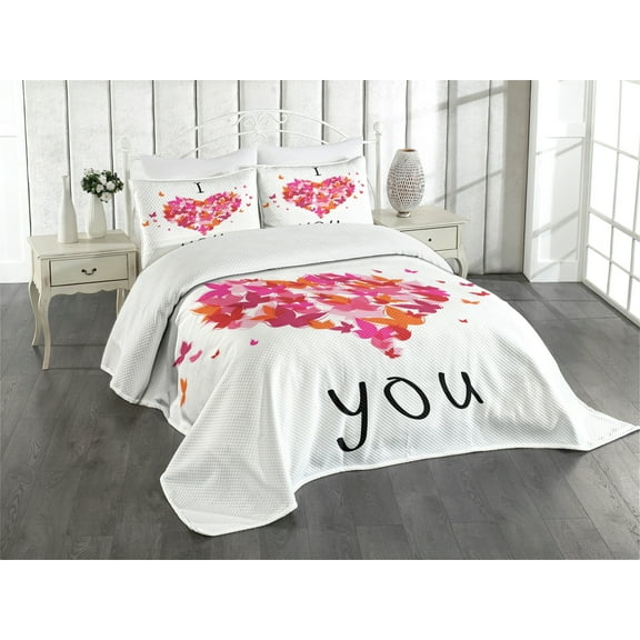 Ambesonne Butterfly Quilted Bedspread Set 3 Pcs, Heart Love, Queen Size, Multicolor