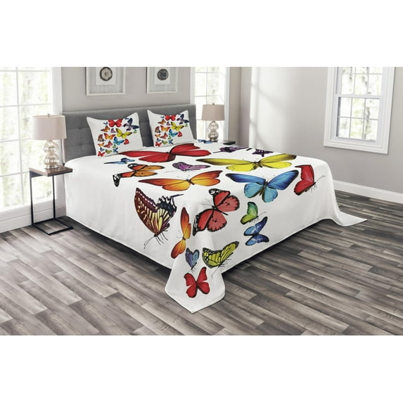 Ambesonne Butterfly Quilted Bedspread Set 3 Pcs, Joy Wildflowers Hiking, King Size, Multicolor