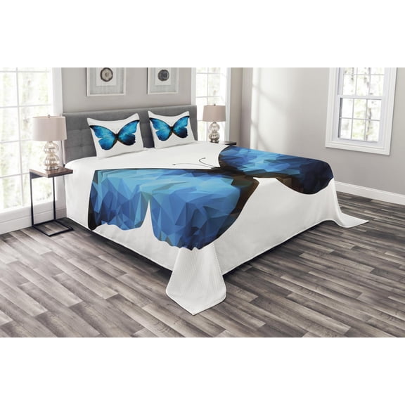 Ambesonne Butterfly Quilted Bedspread Set 3 Pcs, Modern Blue Ombre, Queen Size, Pale Blue Dark Blue