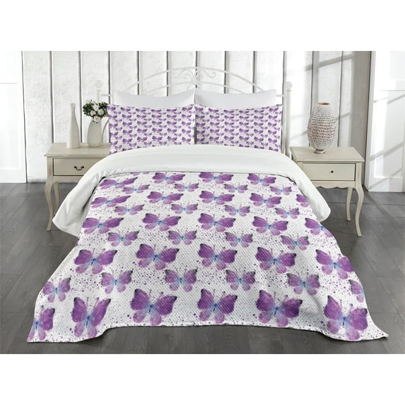 Ambesonne Butterfly Quilted Bedspread Set 3 Pcs, Modern Poly Effect, Queen Size, Purple Pale Blue White