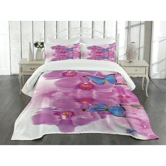 Ambesonne Butterfly Quilted Bedspread Set 3 Pcs, Orchid Bloom on Water, Queen Size, Pink Blue White