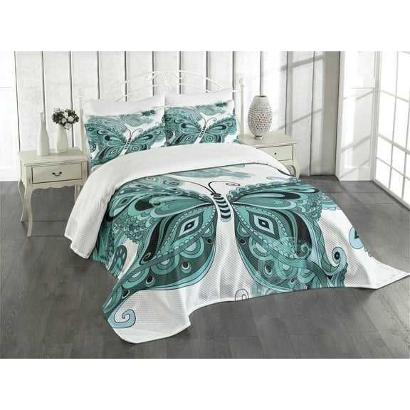 Ambesonne Butterfly Quilted Bedspread Set 3 Pcs, Ornamental Animal Pattern, King Size, Pale Blue Black Teal