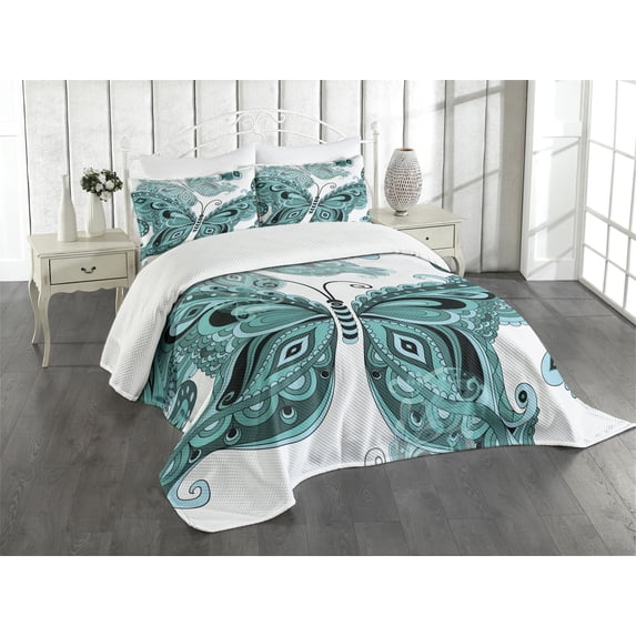 Ambesonne Butterfly Quilted Bedspread Set 3 Pcs, Ornamental Animal Pattern, Queen Size, Pale Blue Black Teal