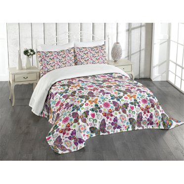 Ambesonne Butterfly Quilted Bedspread Set 3 Pcs, Retro Style Ornaments, King Size, Multicolor