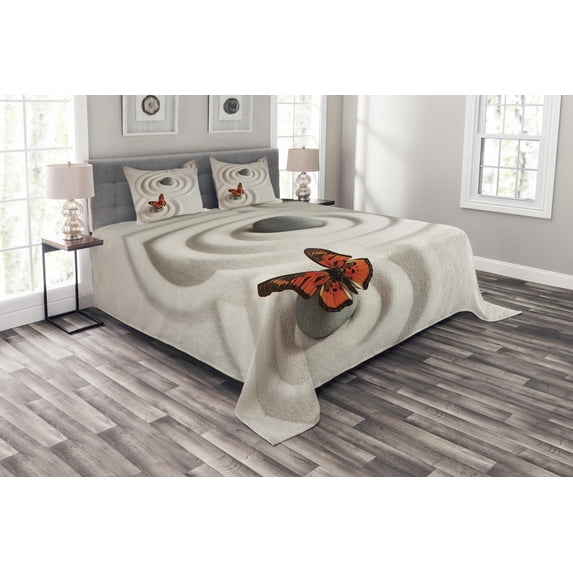 Ambesonne Butterfly Quilted Bedspread Set 3 Pcs, Rocks Serenity, Queen Size, Beige Orange