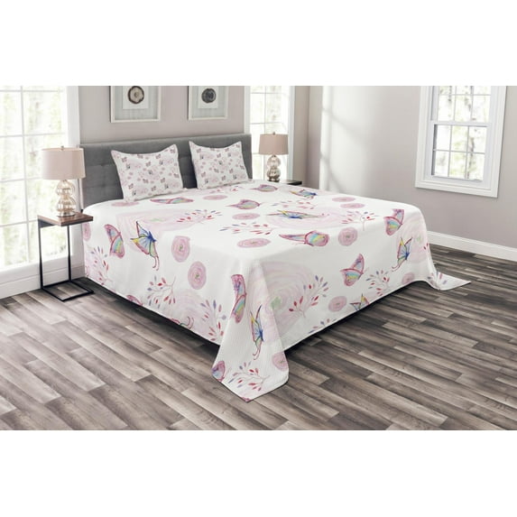 Ambesonne Butterfly Quilted Bedspread Set 3 Pcs, Romantic Spring Retro, King Size, Pink White