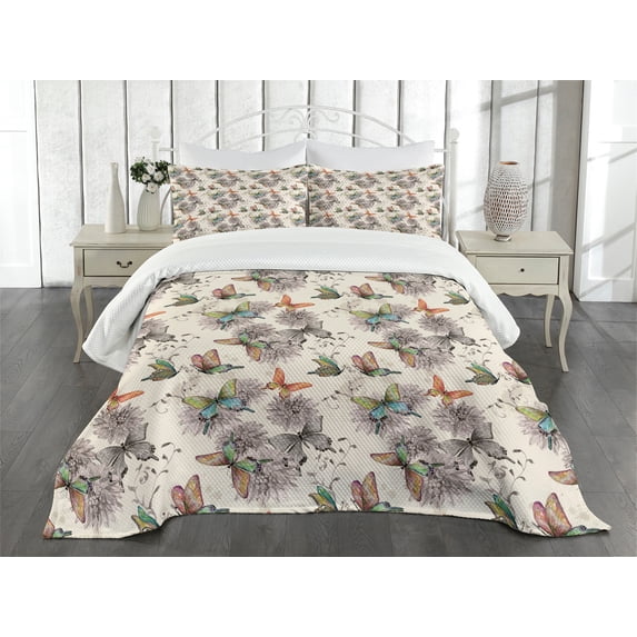 Ambesonne Butterfly Quilted Bedspread Set 3 Pcs, Soft Colored Animals, King Size, Multicolor