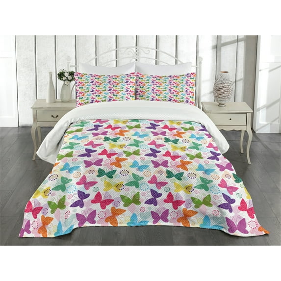 Ambesonne Butterfly Quilted Bedspread Set 3 Pcs, Vibrant Floral Happy, Queen Size, Multicolor