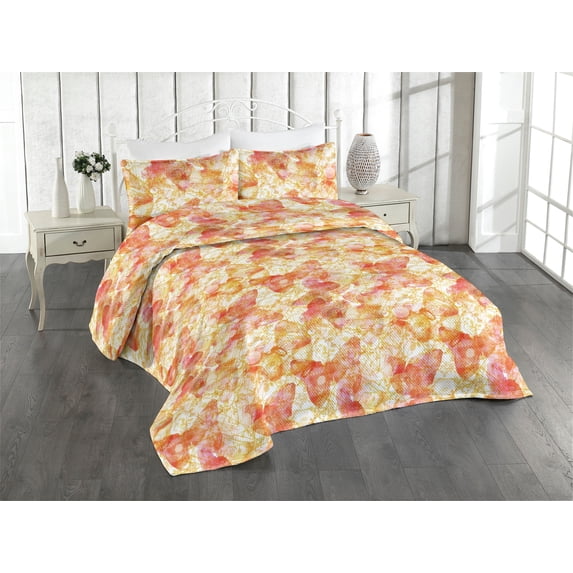 Ambesonne Butterfly Quilted Bedspread Set 3 Pcs, Vintage Silhouettes Music, Queen, Apple Green Dark Coral
