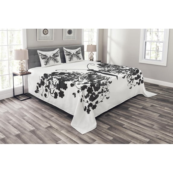 Ambesonne Butterfly Quilted Bedspread Set 3 Pcs, Wings Animal Design, King Size, Grey and Pale Grey