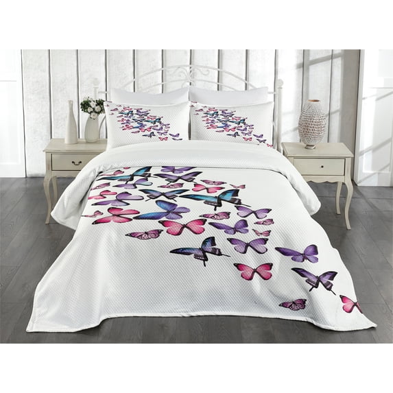 Ambesonne Butterfly Quilted Bedspread Set 3 Pcs, Wings Feminine, Queen Size, Blue Purple Pink