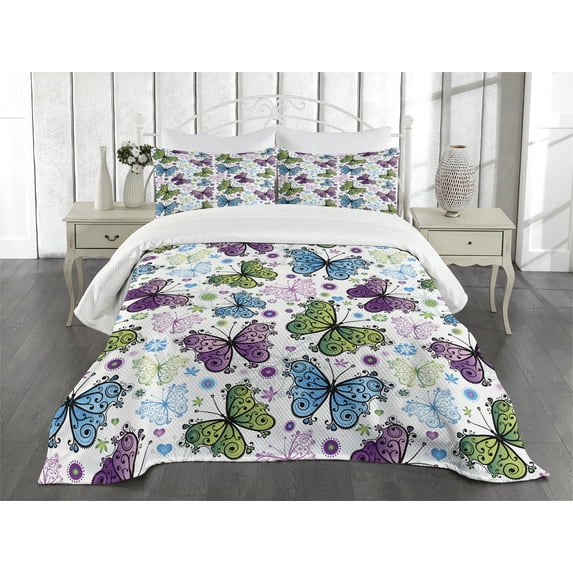 Ambesonne Butterfly Quilted Bedspread Set 3 Pcs, Wings Hearts and Dots, Queen Size, Multicolor