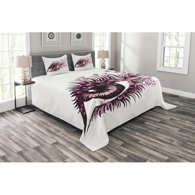 Ambesonne Butterfly Quilted Bedspread Set 3 Pcs, Woman Eyelashes, King Size, Pale Pink Purple