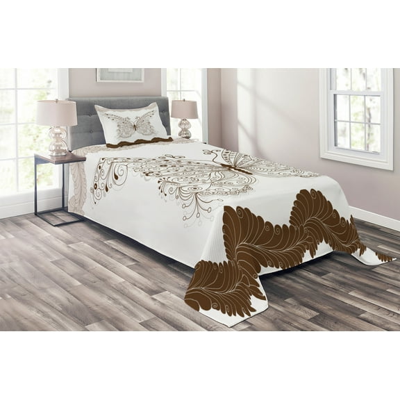 Ambesonne Butterfly Quilted Coverlet 2 Pcs, Abstract Retro Spring, Twin Size, White Brown and Grey