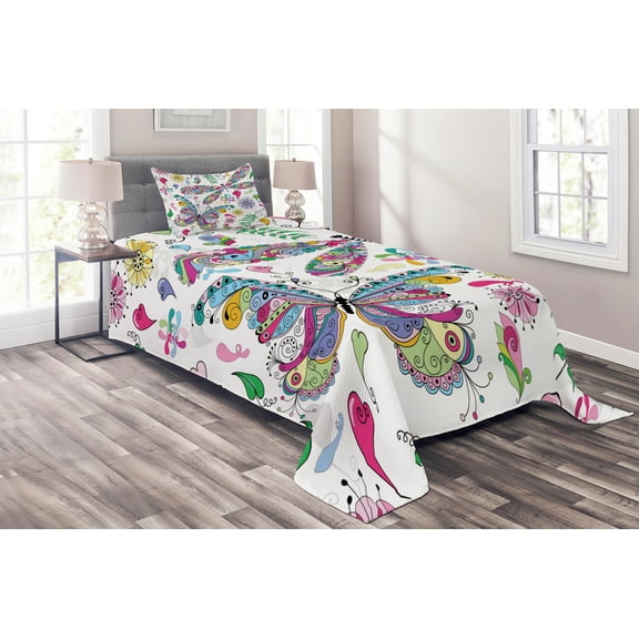 Ambesonne Butterfly Quilted Coverlet 2 Pcs, Paisley Dragonfly, Twin Size, Multicolor