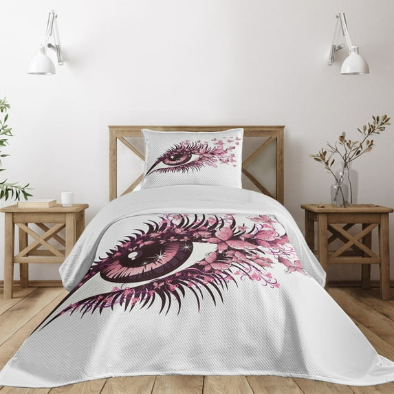 Ambesonne Butterfly Quilted Coverlet 2 Pcs, Woman Eyelashes, Twin Size, Pale Pink Purple