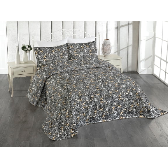 Ambesonne Butterfly Quilted Coverlet 3 Pcs, Forest Wings Animal Skin, Queen Size, Marigold Black and White