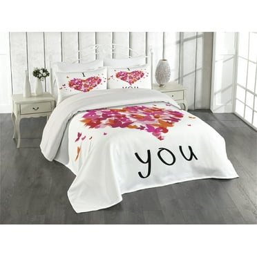 Ambesonne Butterfly Quilted Coverlet 3 Pcs, Heart Love, King Size, Multicolor