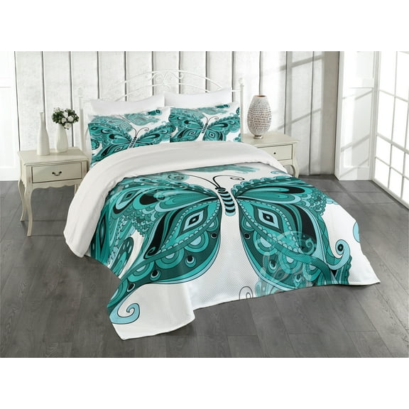 Ambesonne Butterfly Quilted Coverlet 3 Pcs, Ornamental Animal Pattern, Queen Size, Pale Blue Black Teal
