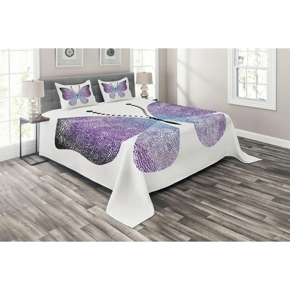 Ambesonne Butterfly Quilted Coverlet 3 Pcs, Pointillist Butterfly, King Size, Dark Purple and Violet