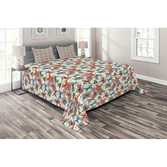 Ambesonne Butterfly Quilted Coverlet 3 Pcs, Retro Swallowtail Wings, Queen Size, Multicolor