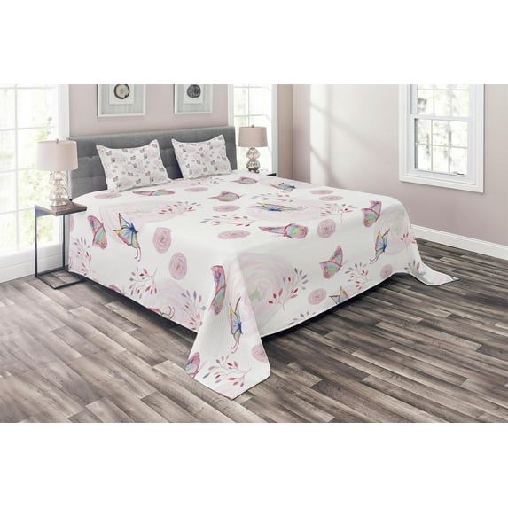 Ambesonne Butterfly Quilted Coverlet 3 Pcs, Romantic Spring Retro, King Size, Pink White