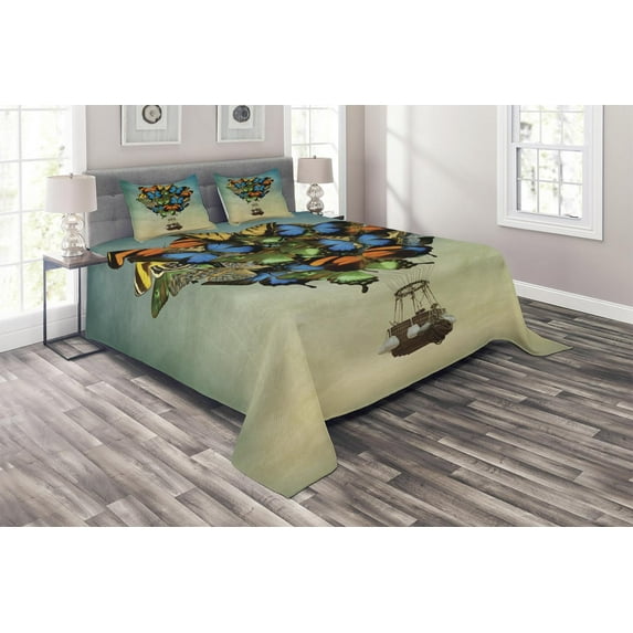 Ambesonne Butterfly Quilted Coverlet 3 Pcs, Spring Season Animals, Queen Size, Multicolor