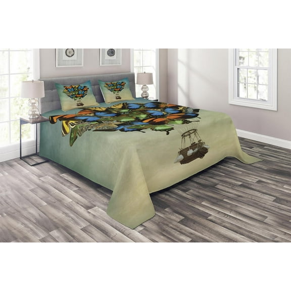 Ambesonne Butterfly Quilted Coverlet 3 Pcs, Spring Season Animals, Queen Size, Multicolor