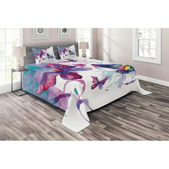 Ambesonne Butterfly Quilted Coverlet 3 Pcs, Watercolor Art Modern, King Size, Multicolor
