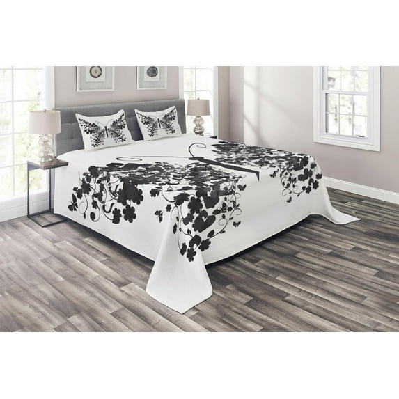Ambesonne Butterfly Quilted Coverlet 3 Pcs, Wings Animal Design, King Size, Grey and Pale Grey