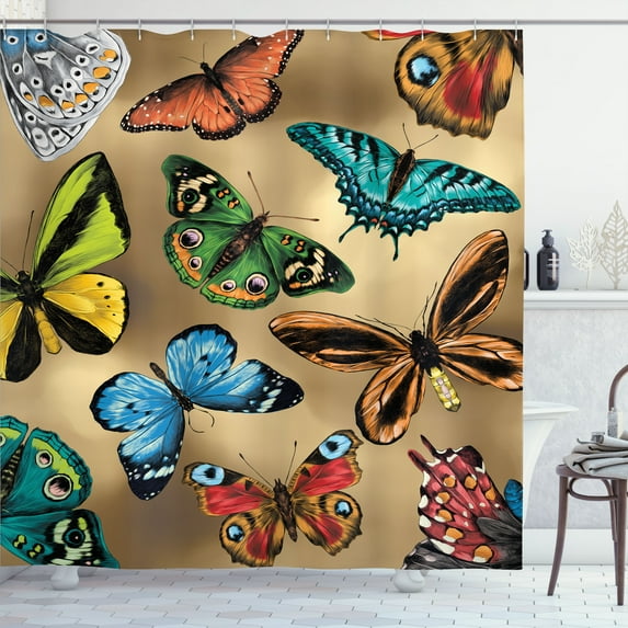 Ambesonne Butterfly Shower Curtain, Colorful Exotic Flying, 69"Wx84"L, Pale Brown and Multicolor