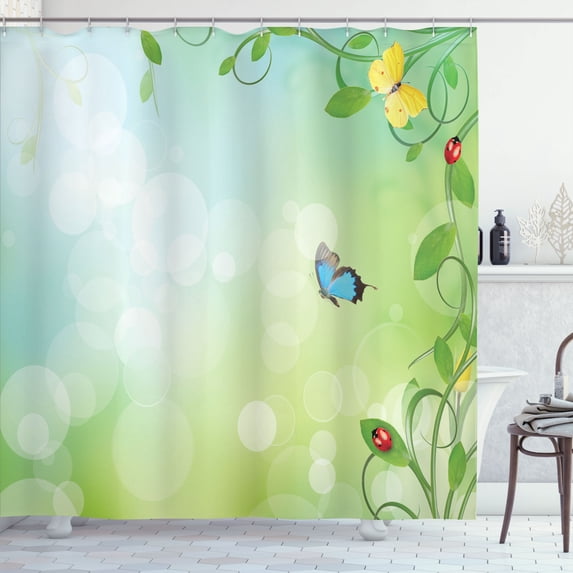 Ambesonne Butterfly Shower Curtain, Spring Flowers Sunny, 69"Wx84"L, Pale Green
