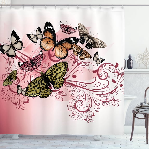Ambesonne Butterfly Shower Curtain, Vintage Monarch Damask, 69"Wx70"L, Pale Caramel