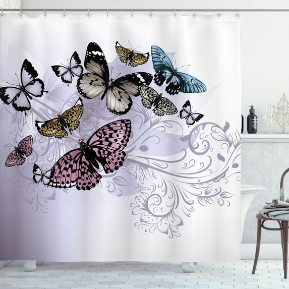 Ambesonne Butterfly Shower Curtain, Vintage Monarch Damask, 69"Wx70"L, Taupe Black