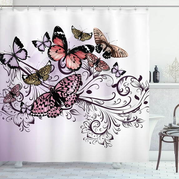 Ambesonne Butterfly Shower Curtain, Vintage Monarch Damask, 69"Wx75"L, Lavender Blue